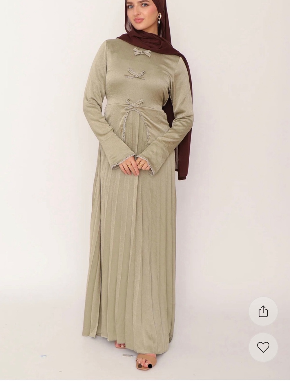 Lameera moda Modest Olive Maxi Dress with Pleated Skirt and Bow Detail